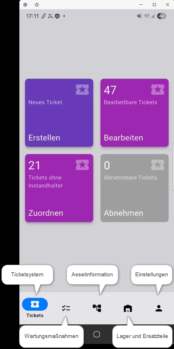 comain smart Mobile App Ticket-Dashboard mit allen Aktionskarten
