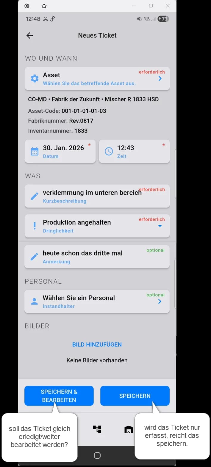 comain smart Ticketerstellung mit Asset-Zuordnung, Dringlichkeit und Bildupload