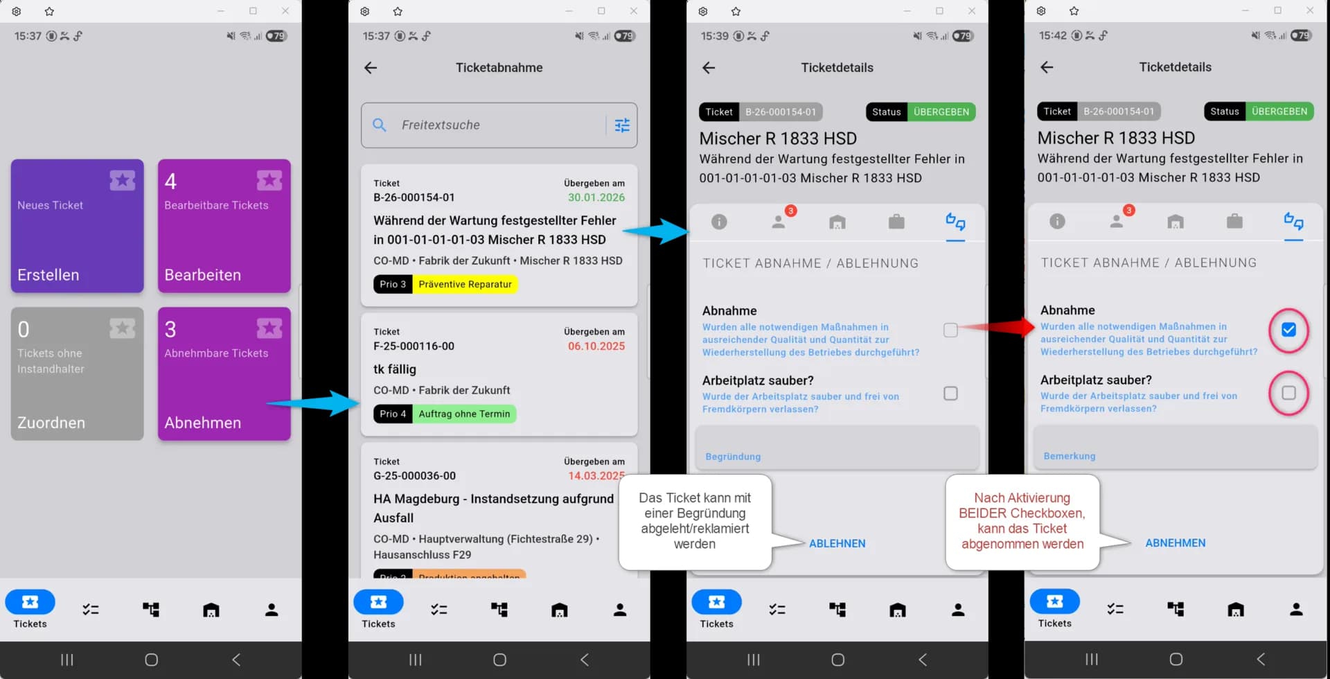 comain smart Ticketabnahme-Workflow mit Checkliste in vier Schritten