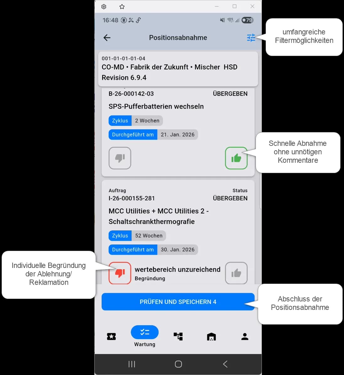 comain smart Positionsabnahme mit Abnahme und Ablehnung für Wartungsmaßnahmen