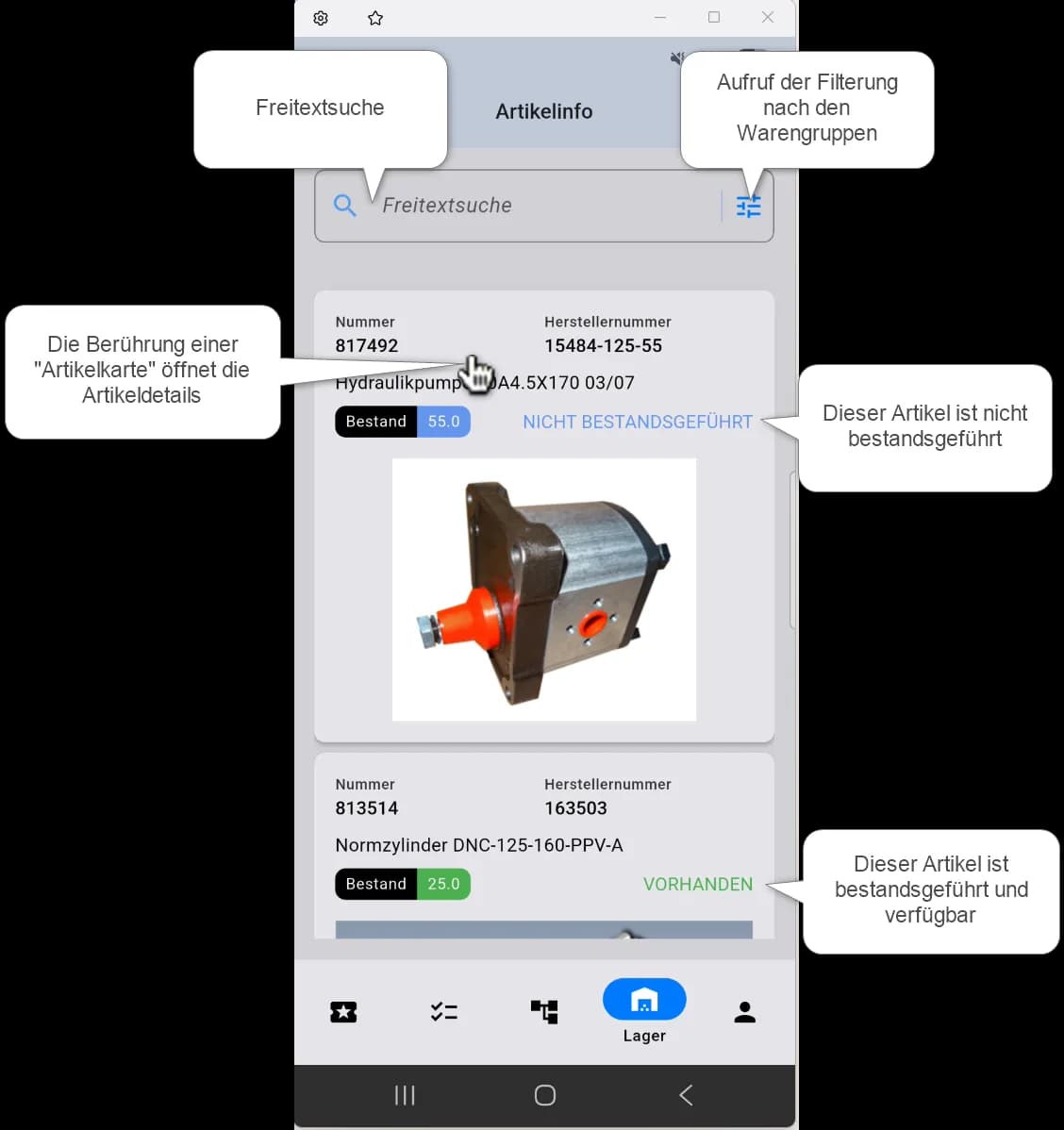 comain smart Artikelinfo mit Bestandsanzeige und Herstellernummern