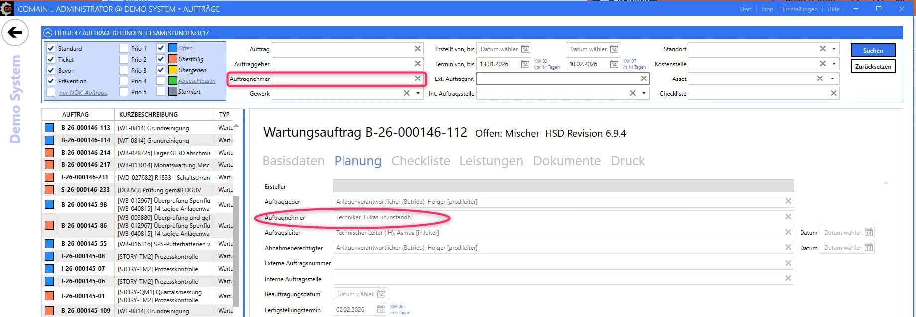 comain Wartungsauftrag mit automatischer Auftragnehmer-Zuteilung und Filterung