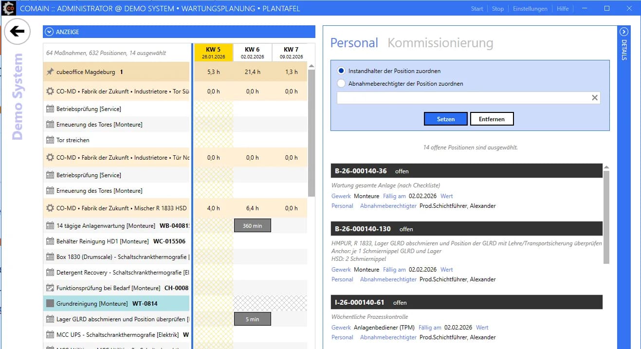 comain Plantafel mit Personalzuweisung für Instandhalter und Abnahmeberechtigte