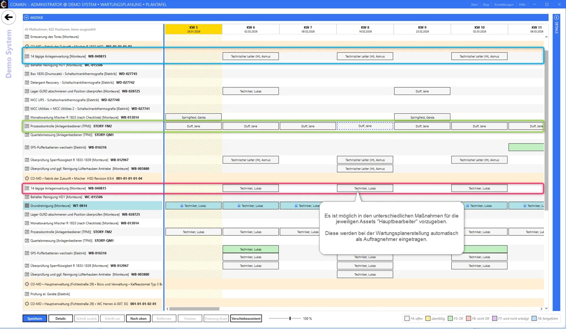 comain Plantafel mit automatischer Auftragnehmer-Zuweisung aus Maßnahmenkonfiguration