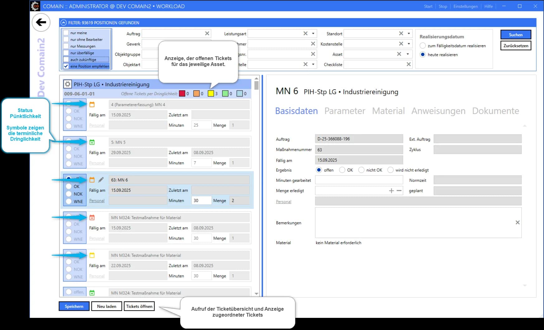 comain Workload-Kachel mit Positionsübersicht und Ticketanzeige