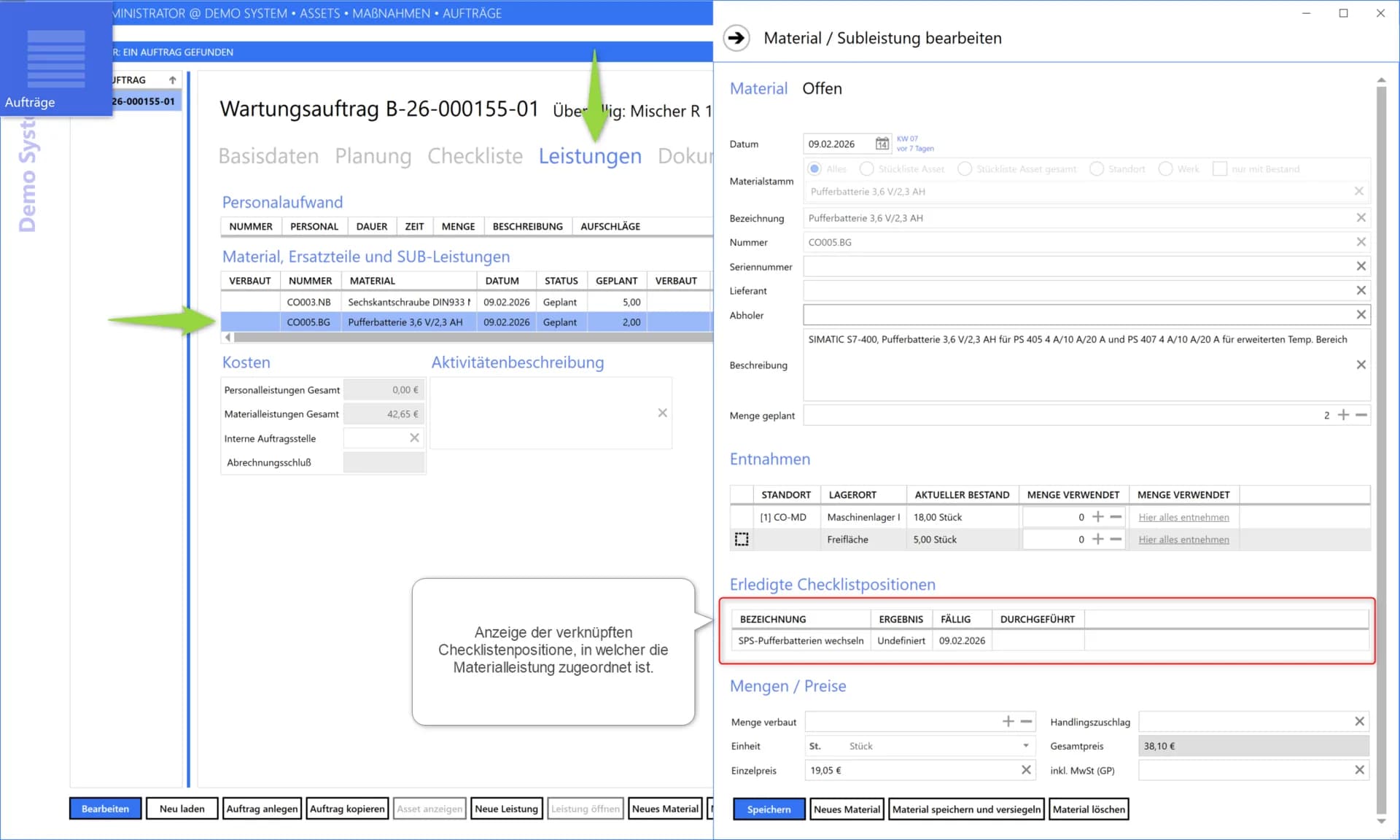comain Materialverbrauch in der Positionsrückmeldung mit Preisen und Lagerentnahme