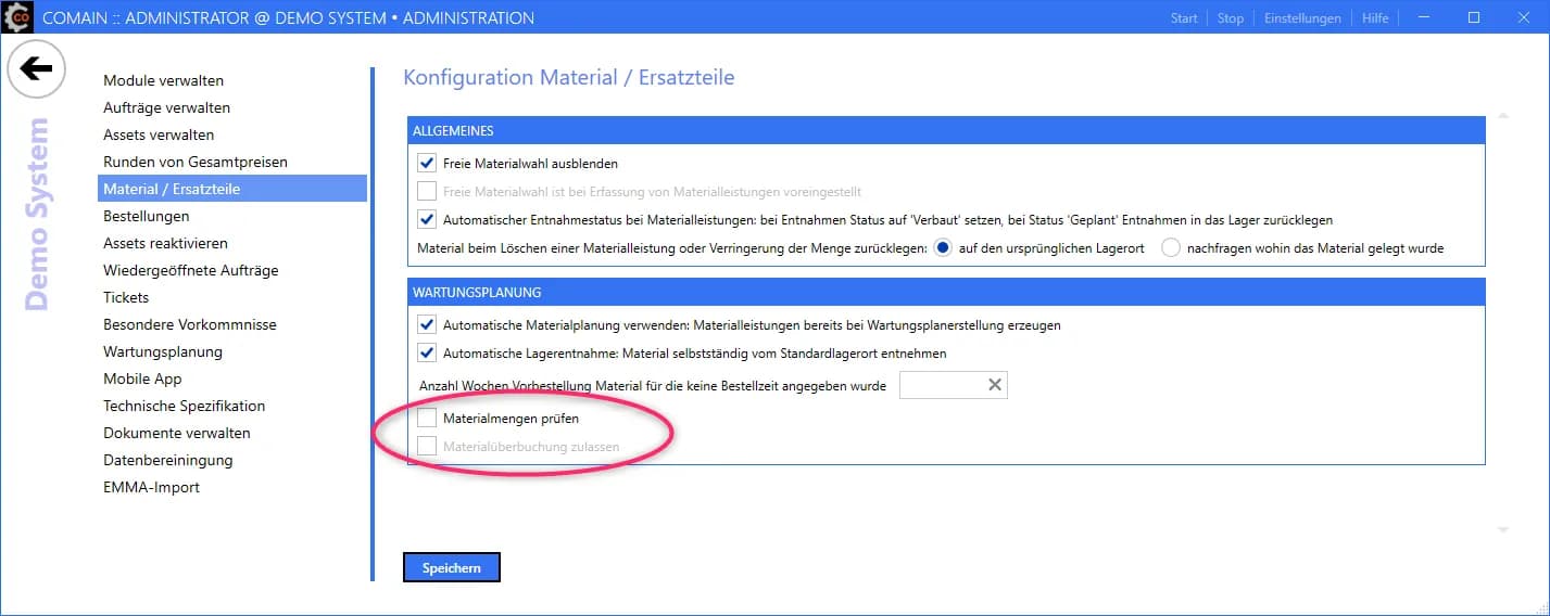 comain Administration Materialmengenprüfung und Überbuchungsoption